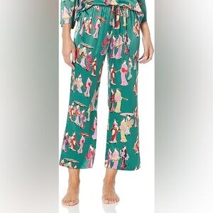 N Natori Women's Geisha Printed Satin Pajama Loungewear Cropped Pants Teal Large